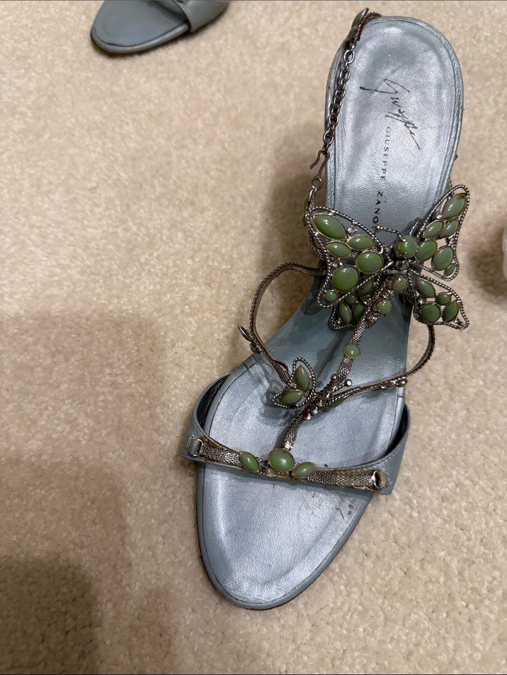 Giuseppe Zanotti Silver Sandal with Green Jewel Butterfly Accent